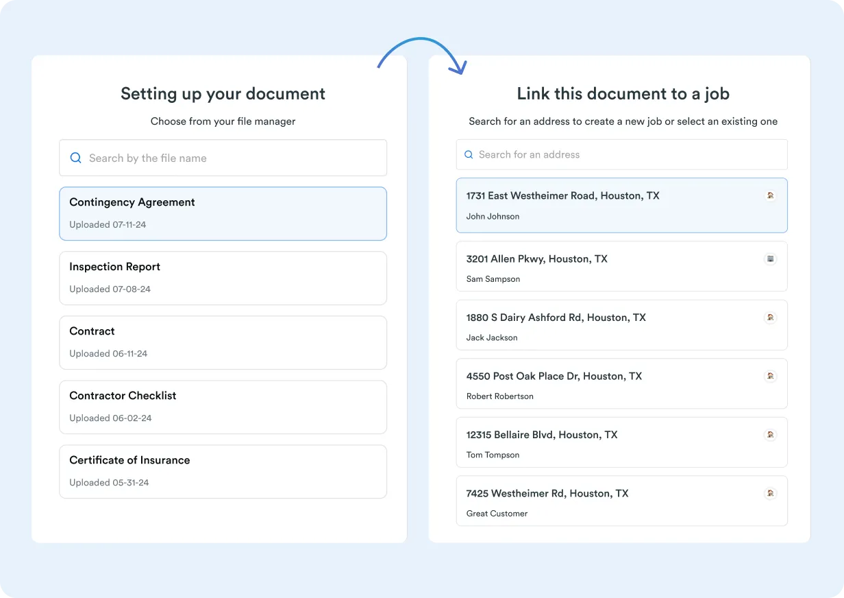 A two-panel interface for setting up and linking documents. The left panel shows a list of uploaded documents such as Contingency Agreement and Inspection Report. The right panel displays a list of job addresses and contact names to link the selected document to a job.